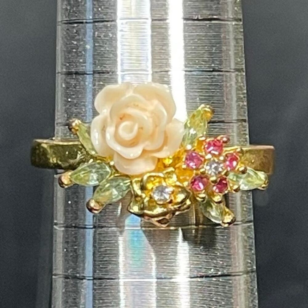 Lucite Carved Flower Colorful Rhinestones S925 Marked Vtg Sz 10.5 Inscription